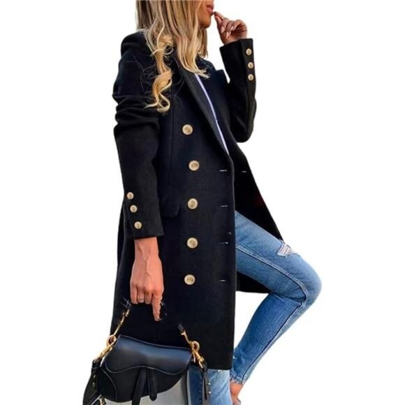 Womens Fall Winter Wool Coats Double Breasted Midi Peacoat Trench - Picture 1 of 5